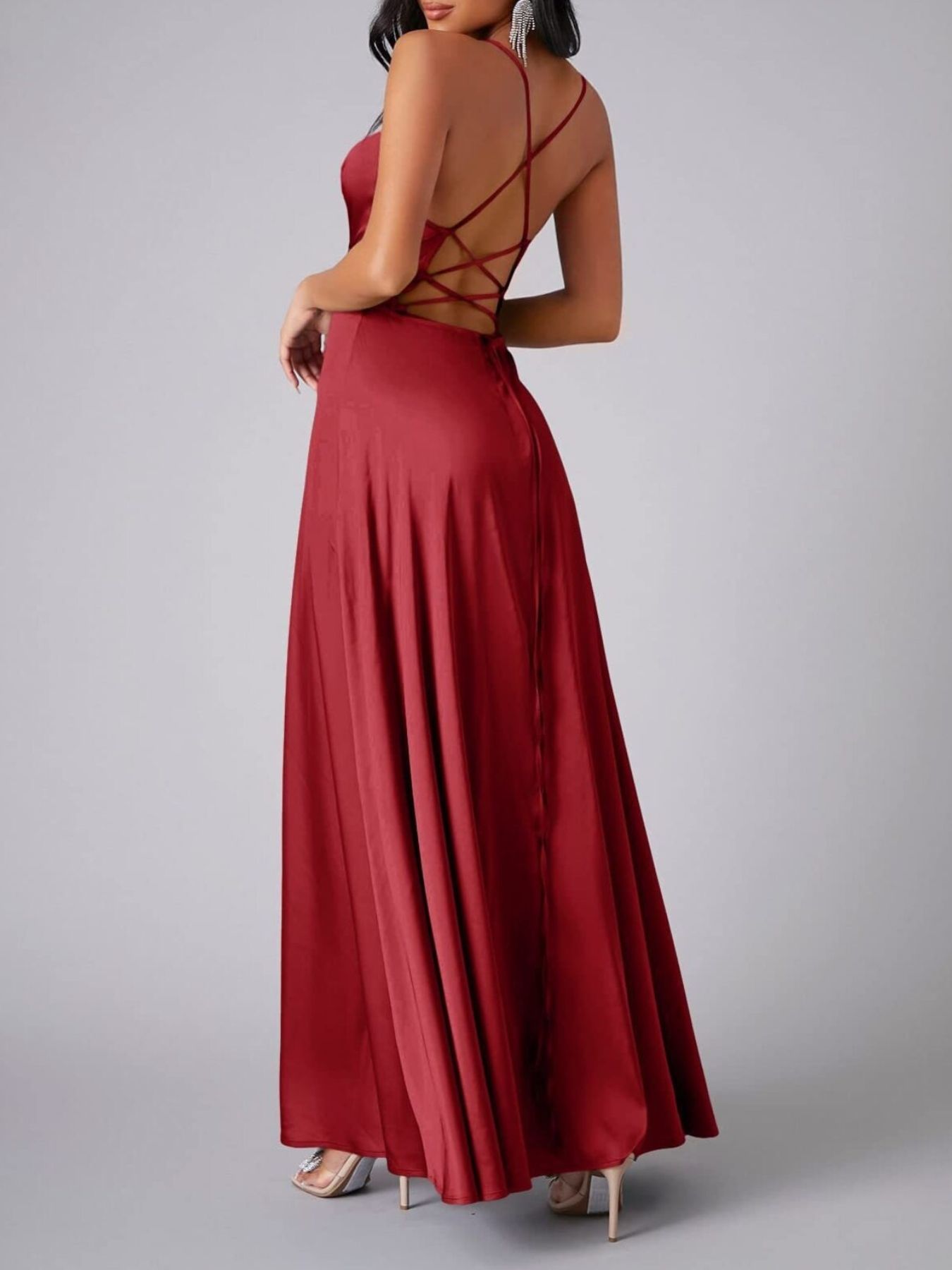 Lace Up Back Split Maxi Dress