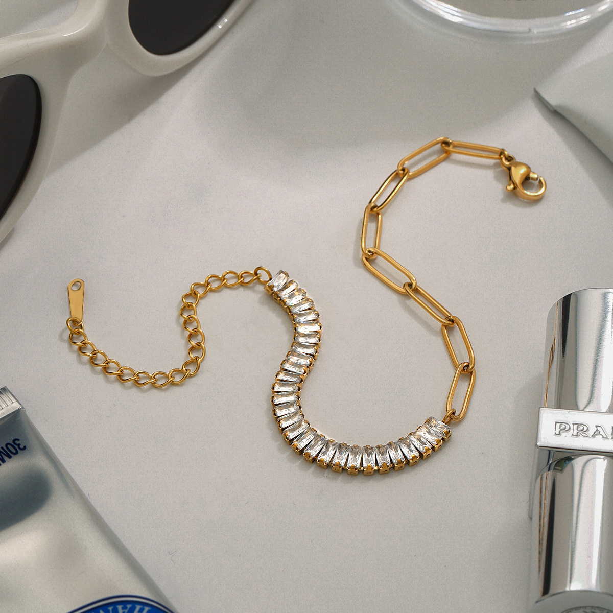 18K Gold-Plated Stainless Steel Rhinestone Chain Bracelet