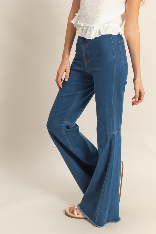 Raw Hem High-Waist Washed Flared Jeans