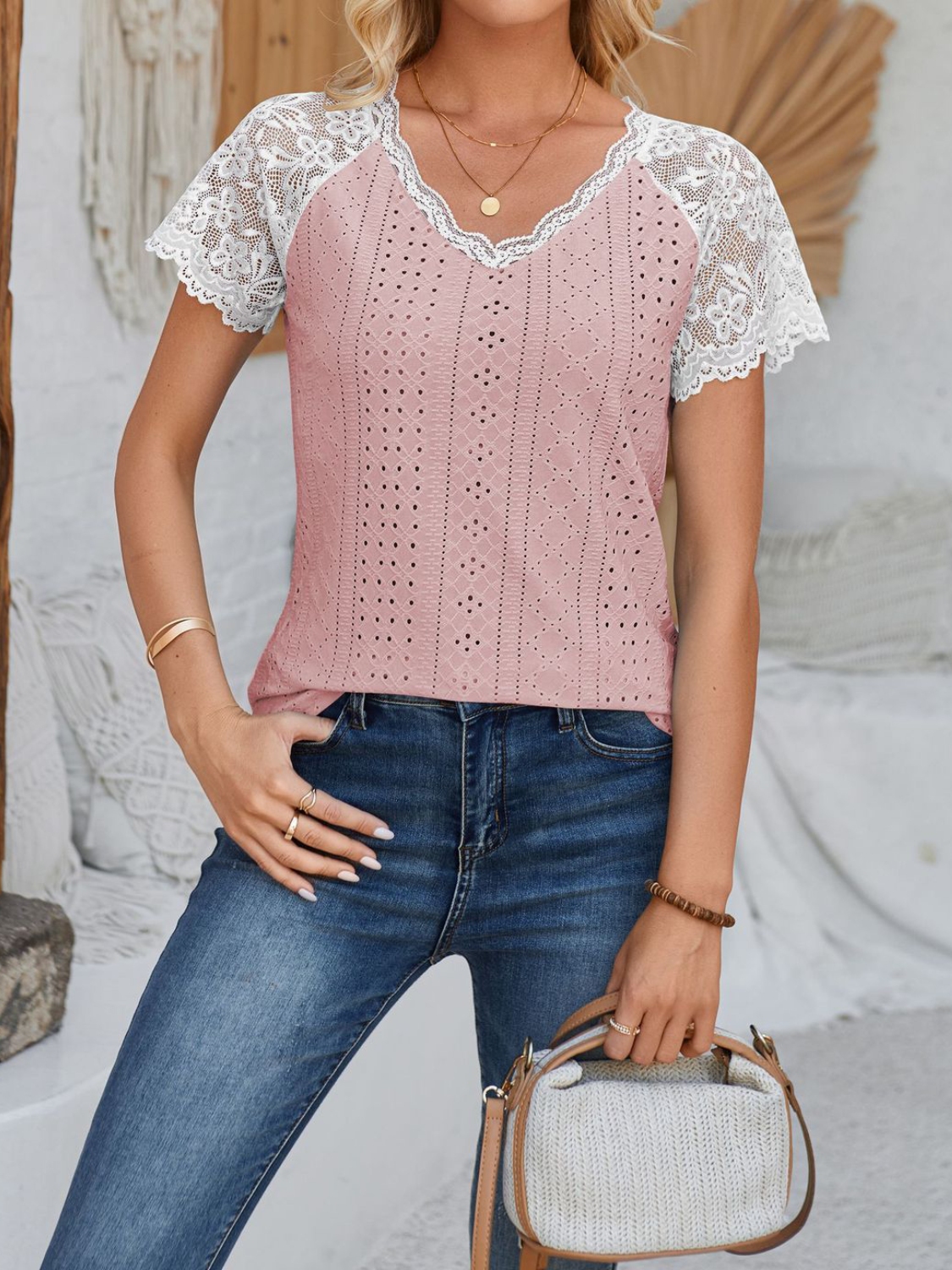 Eyelet Lace Detail V-Neck Short Sleeve Top