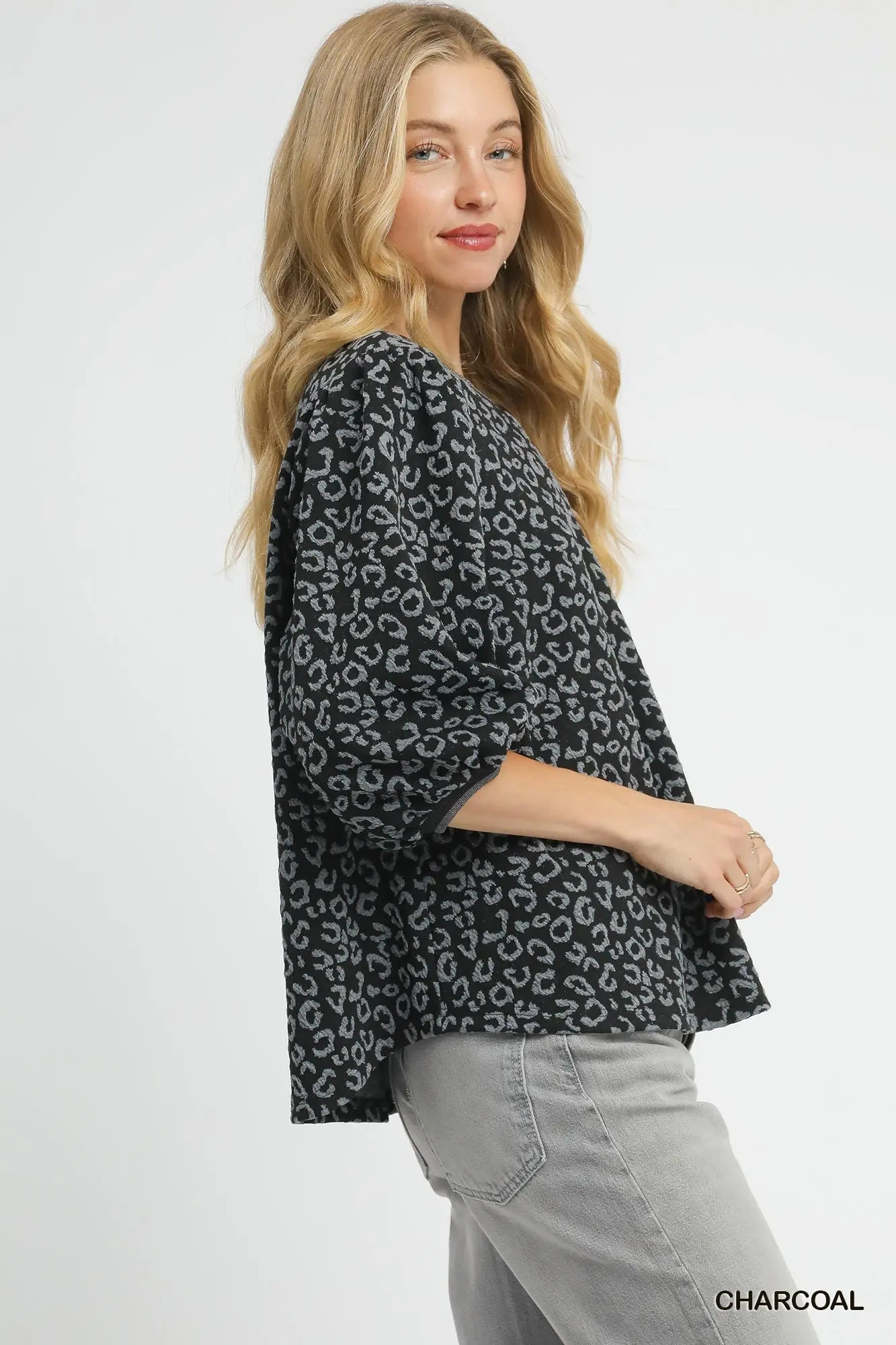 Umgee Leopard Print Jacquard Blouse with Puff Sleeves