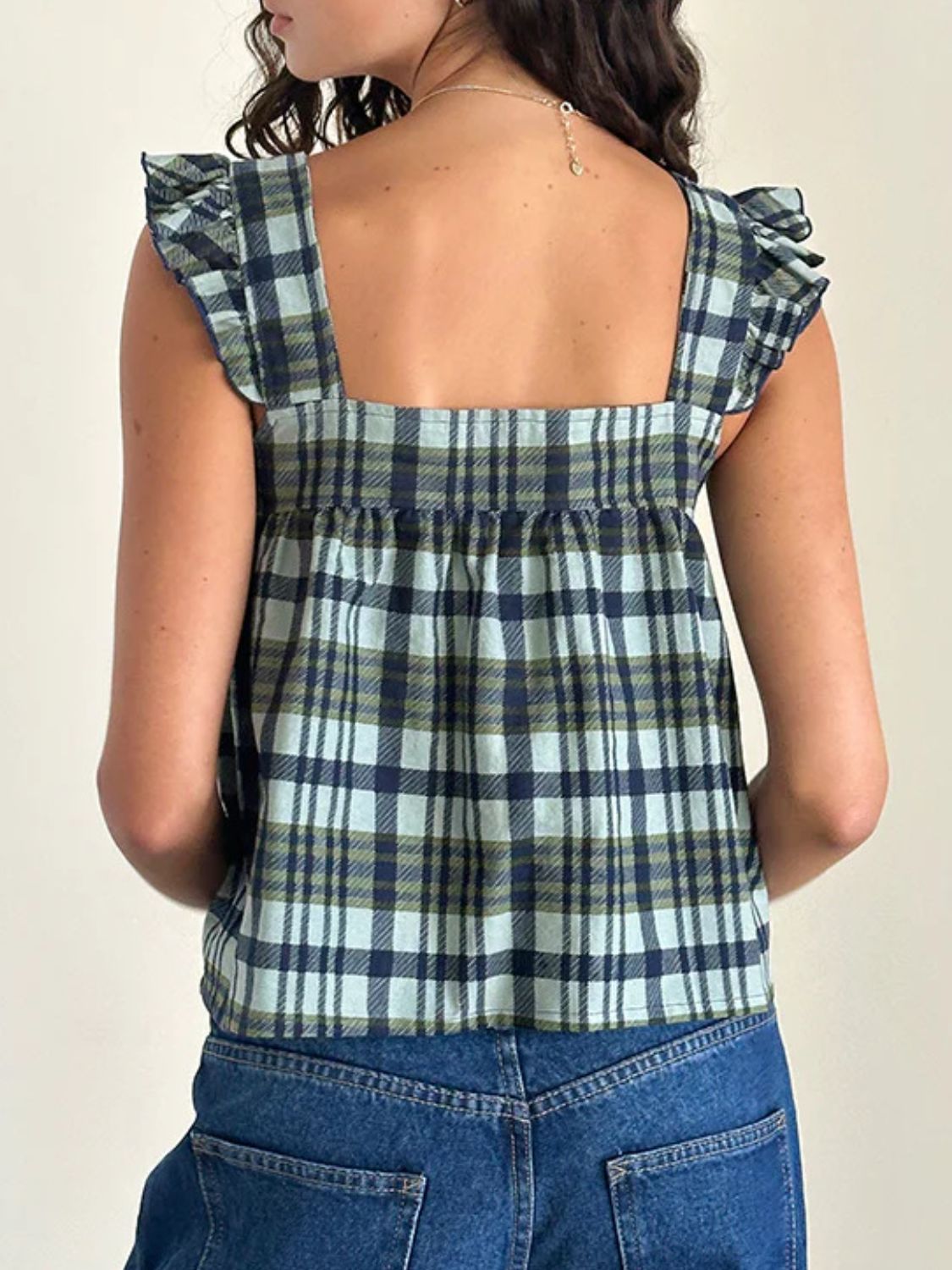 Ruffled Plaid Square Neck Tank