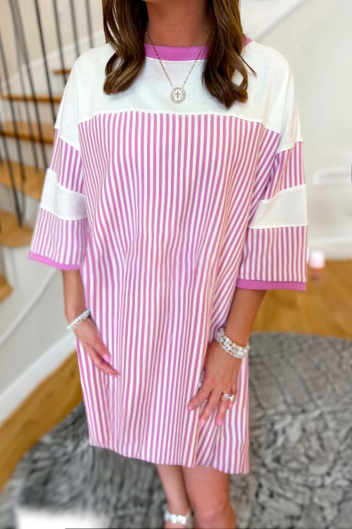 Striped Round Neck Three-Quarter Sleeve Mini Dress