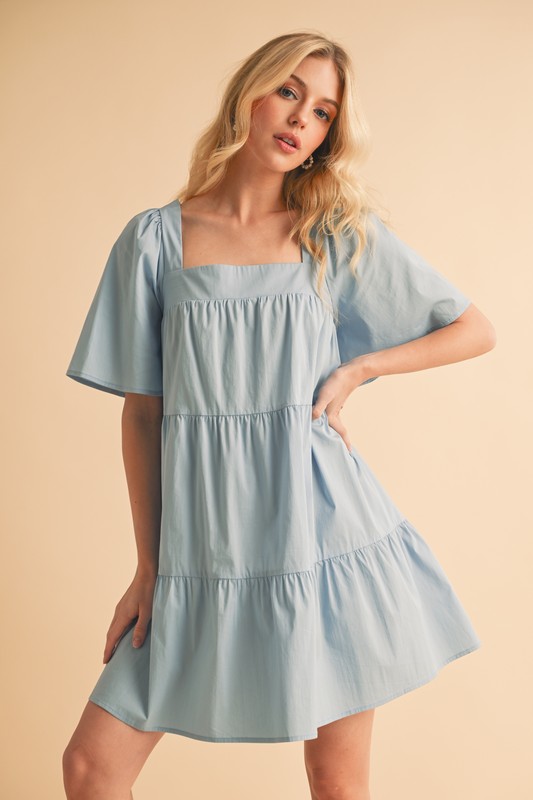 Square Neck Half Sleeve Tiered Dress