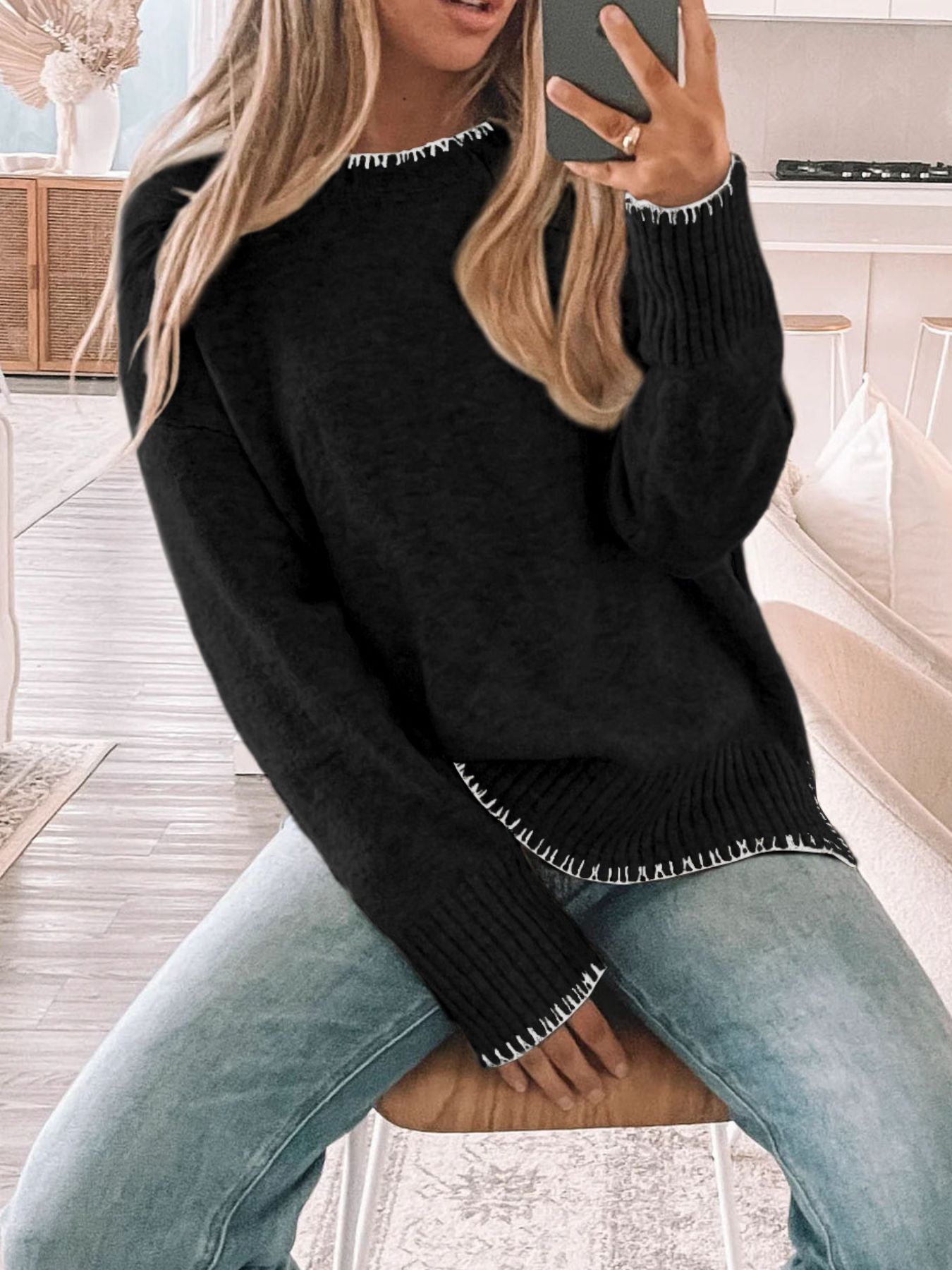 Slit Contrast Trim Round Neck Sweater