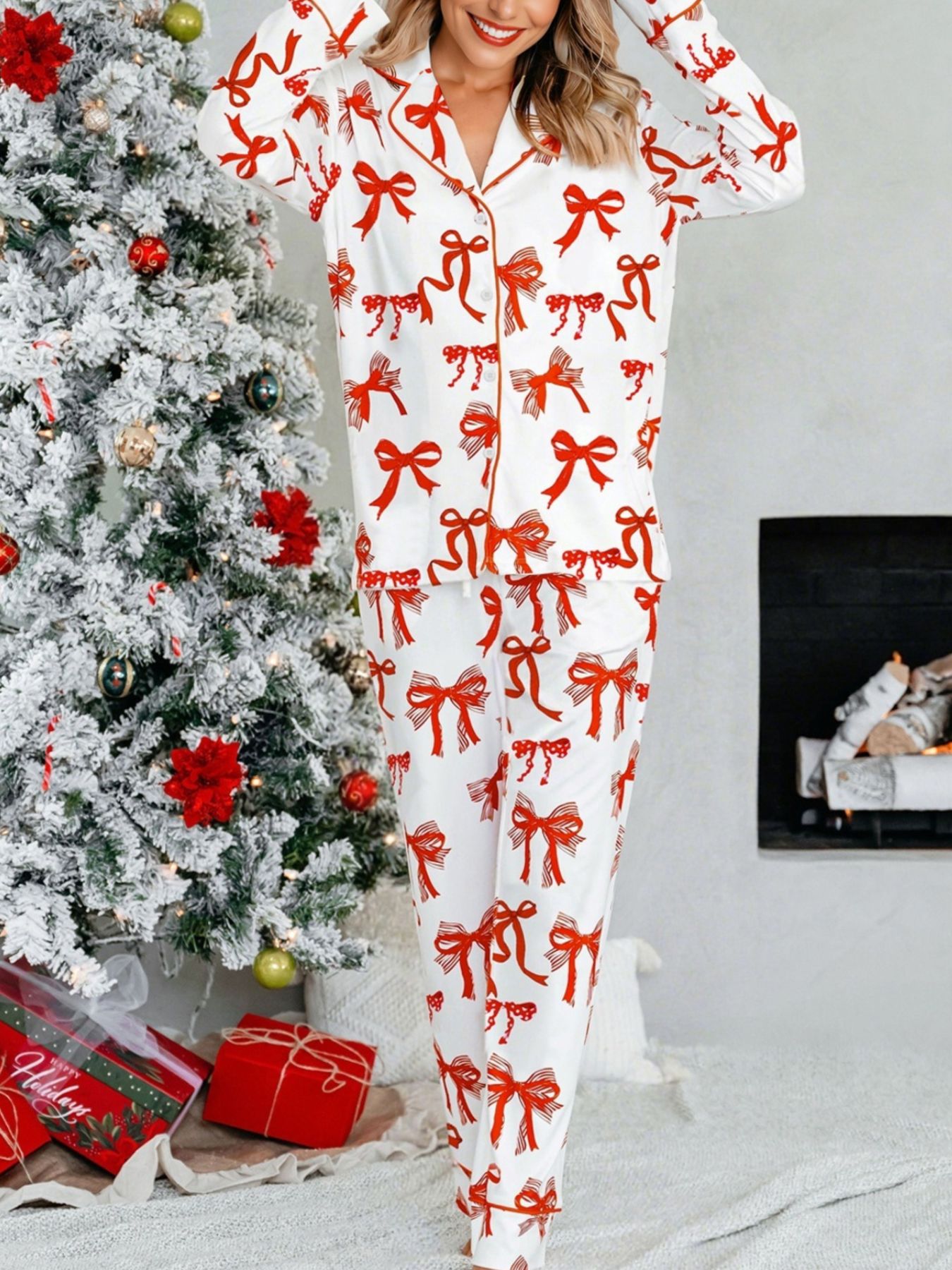 Christmas Bow Print Top and Pants 2pcs Pajama Set