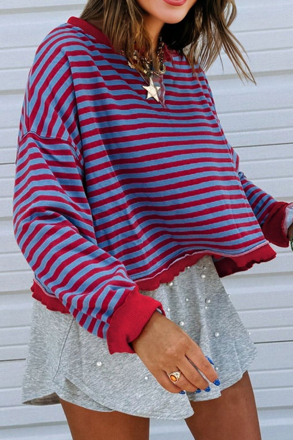 Stripe Exposed Seam Contrast Ribbed Trim Oversize Sweatshirt