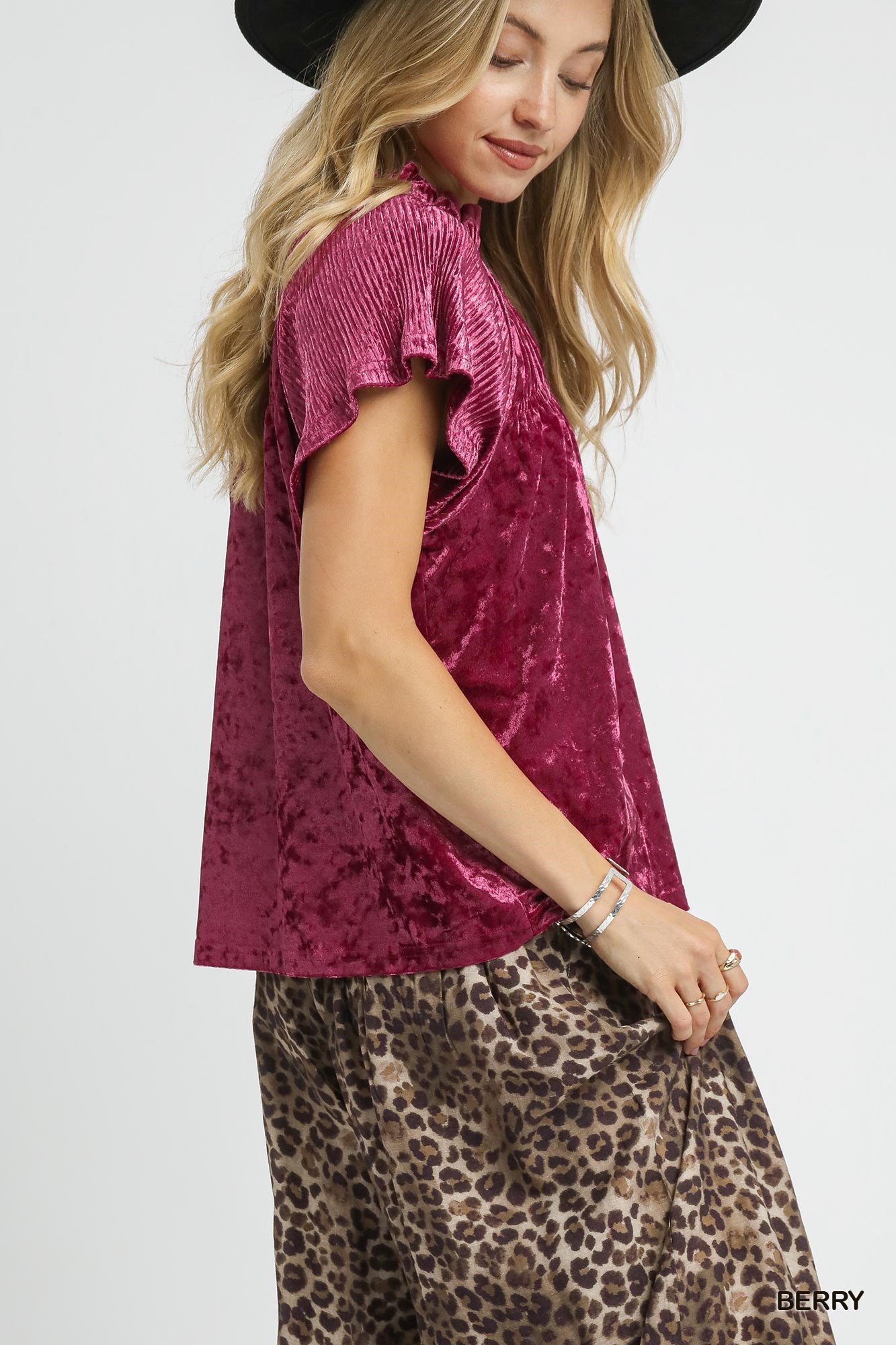 Umgee Crushed Velvet Pleated Blouse