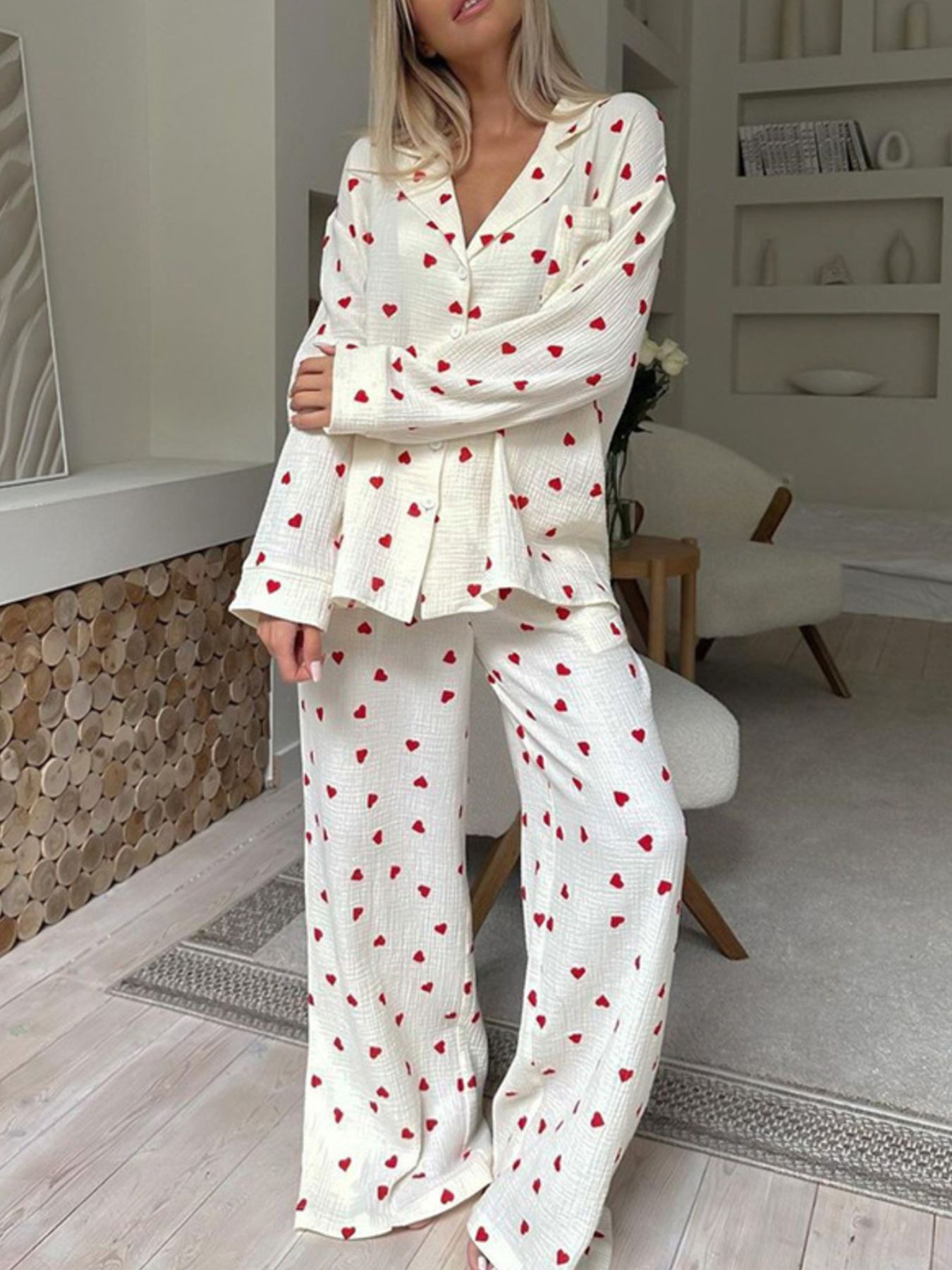 Heart Print Long Sleeve Top and Pants Lounge Set