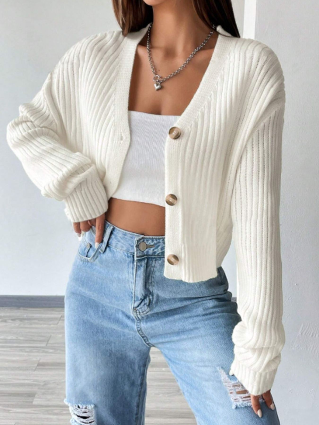 Ribbed Knit Button-Up Cropped Cardigan