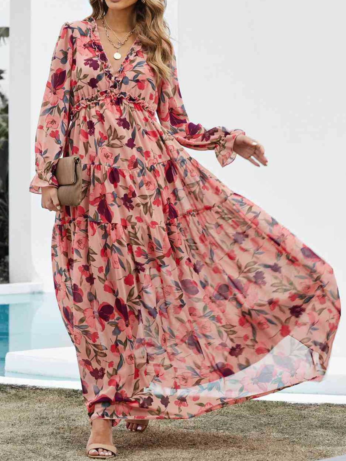 Frill Printed V-Neck Flounce Sleeve Dress