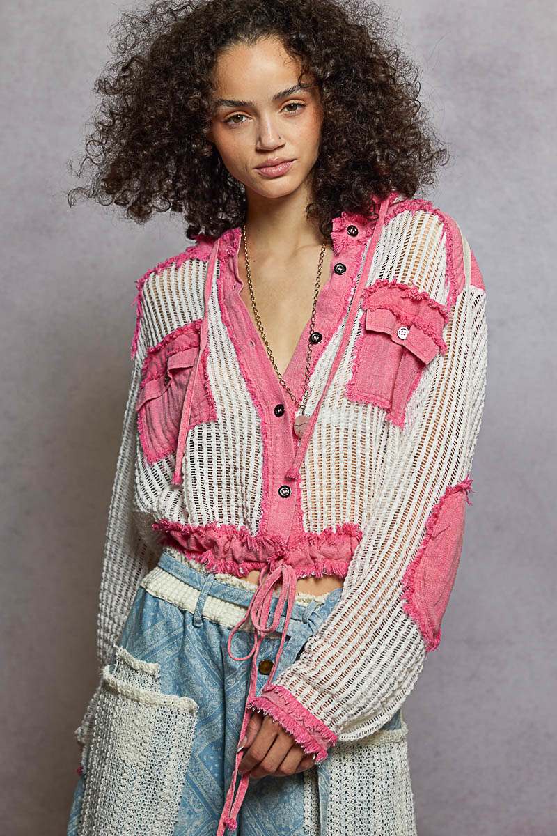 Texture Woven Button Down Hooded Shirt with Drawstring Hem