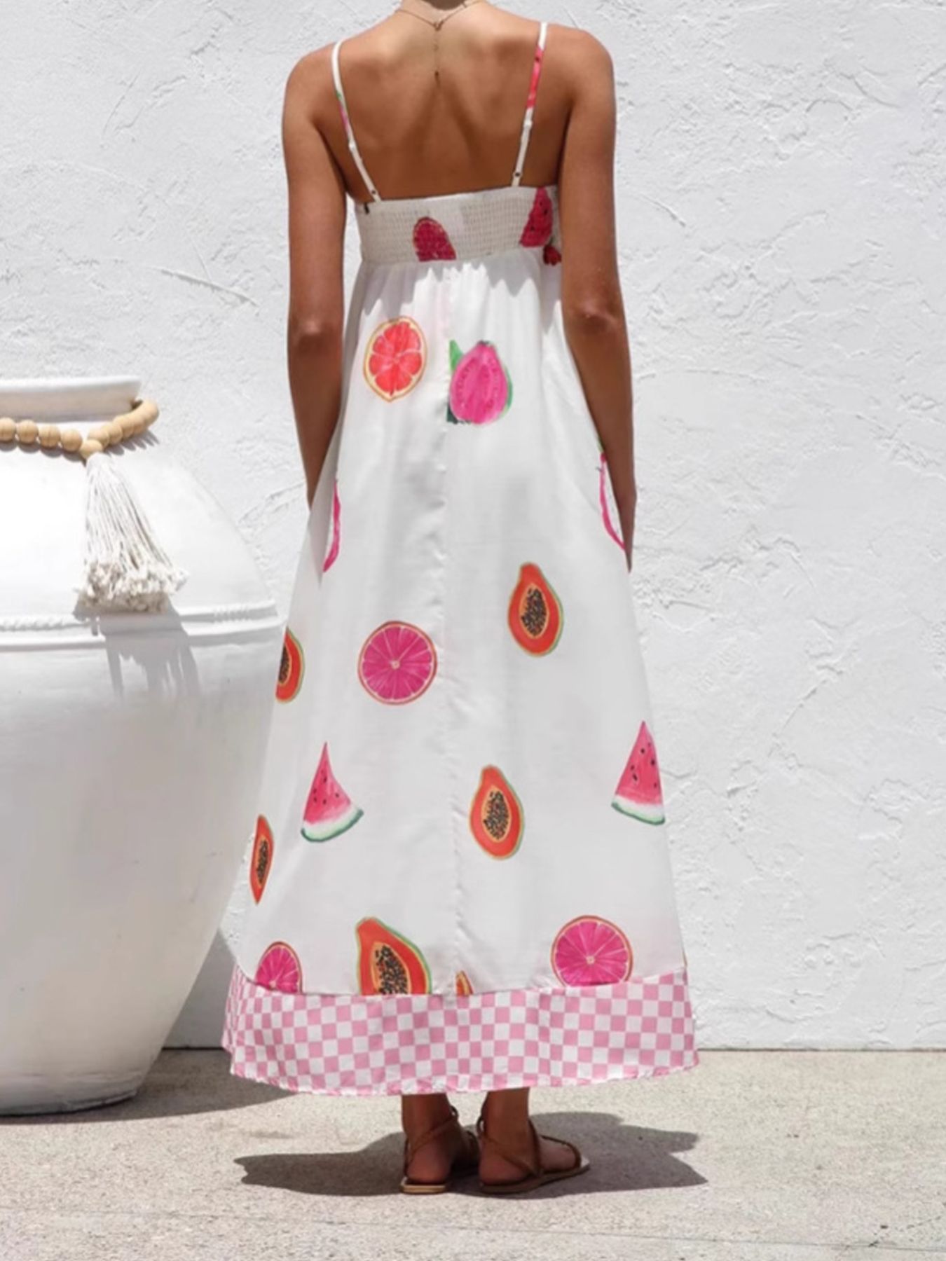 Printed Checkered Hem Cami Midi Dress