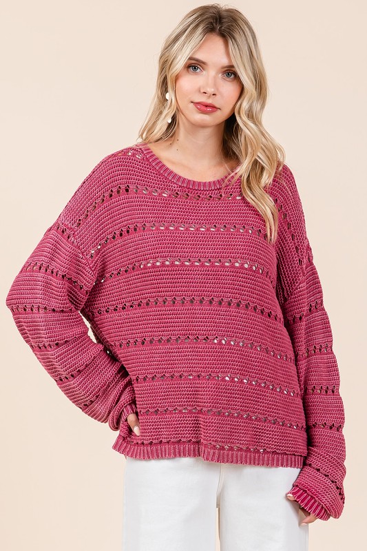 Openwork Round Neck Drop Shoulder Sweater