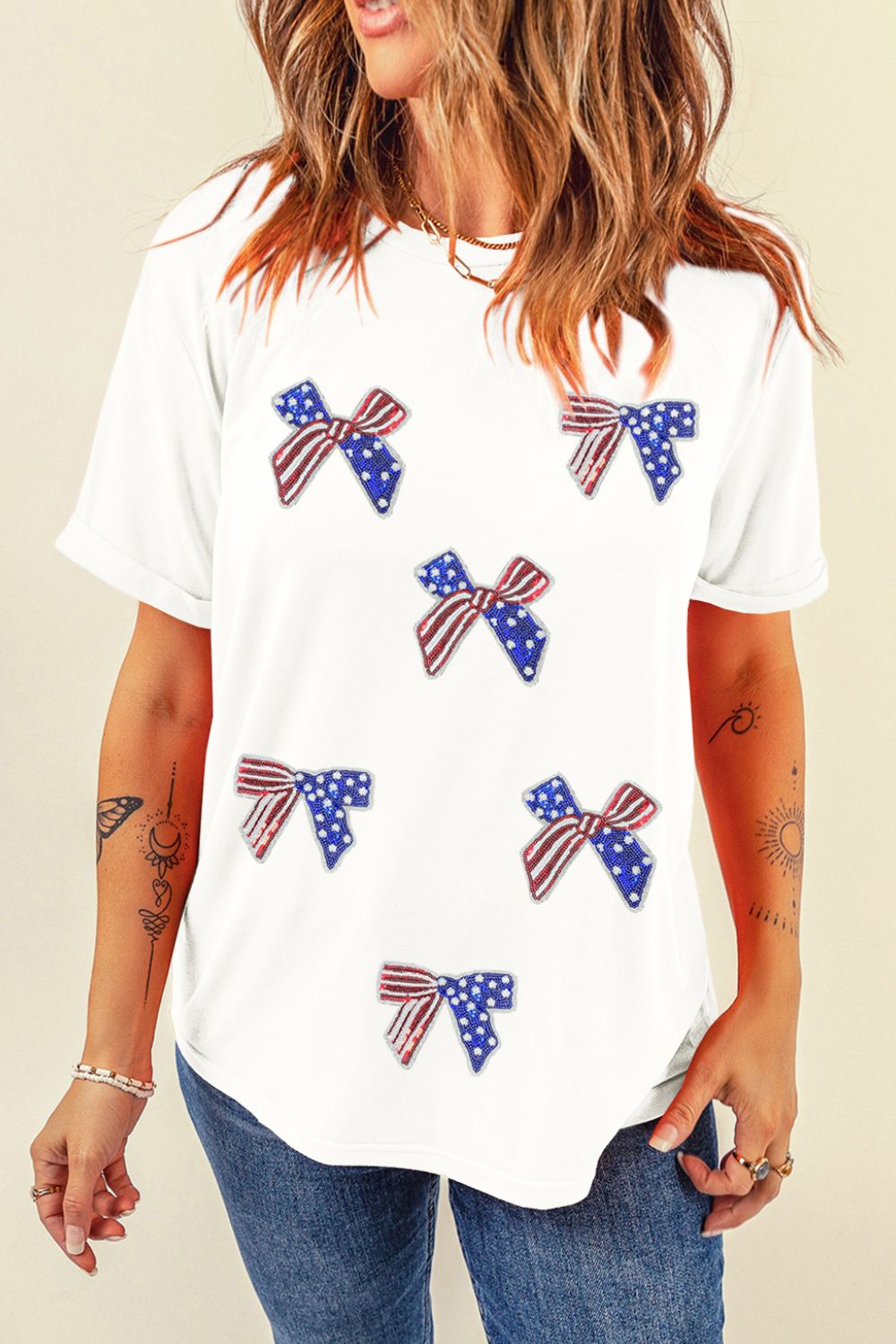 Sequin Flag Bow Pattern Crew Neck Patriotic Tee