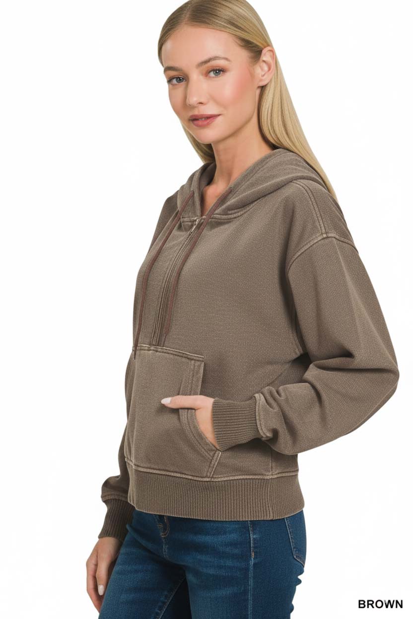 Fleece Pigment Dye Half Zip Kangaroo Pocket Hoodie