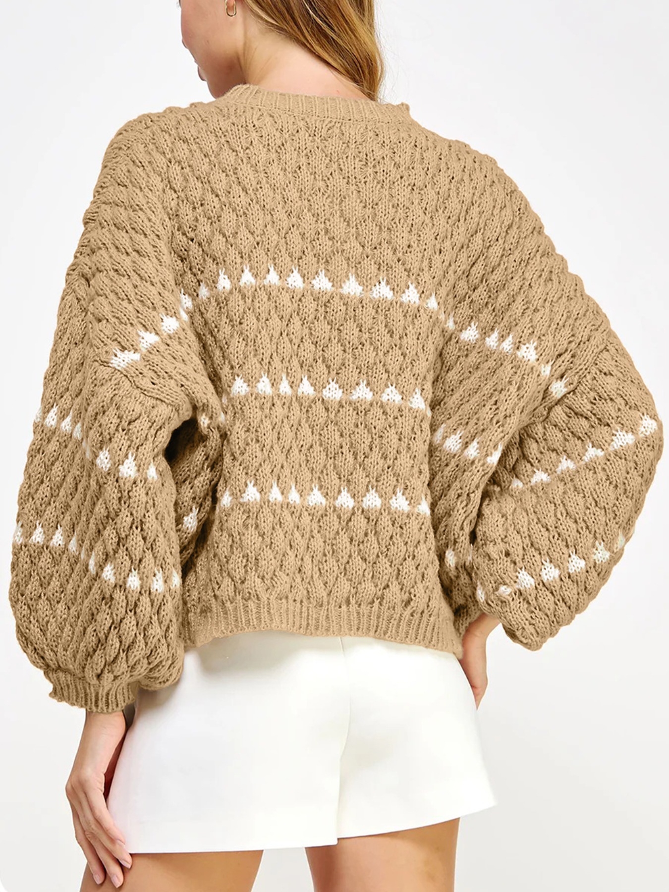 Contrast Detail Textured Knit Puff Sleeve Baggy Sweater
