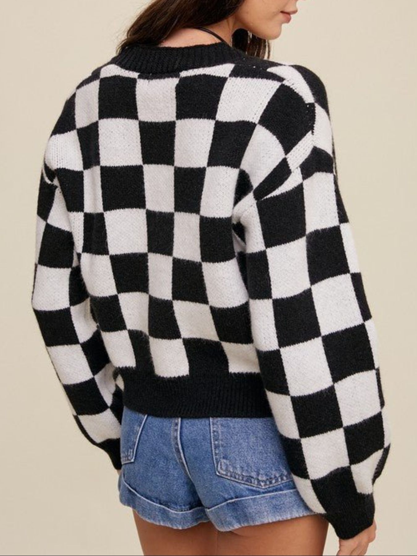 Checkerboard Pattern Button-Down Cardigan
