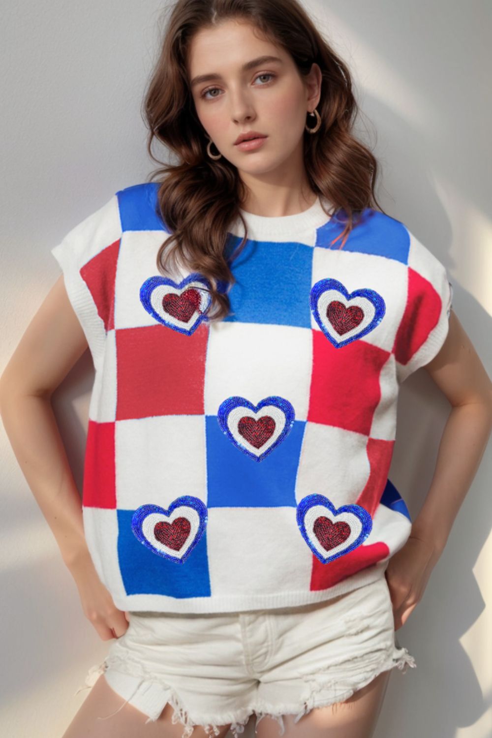 Sequin Heart Color Block Round Neck Knit Top