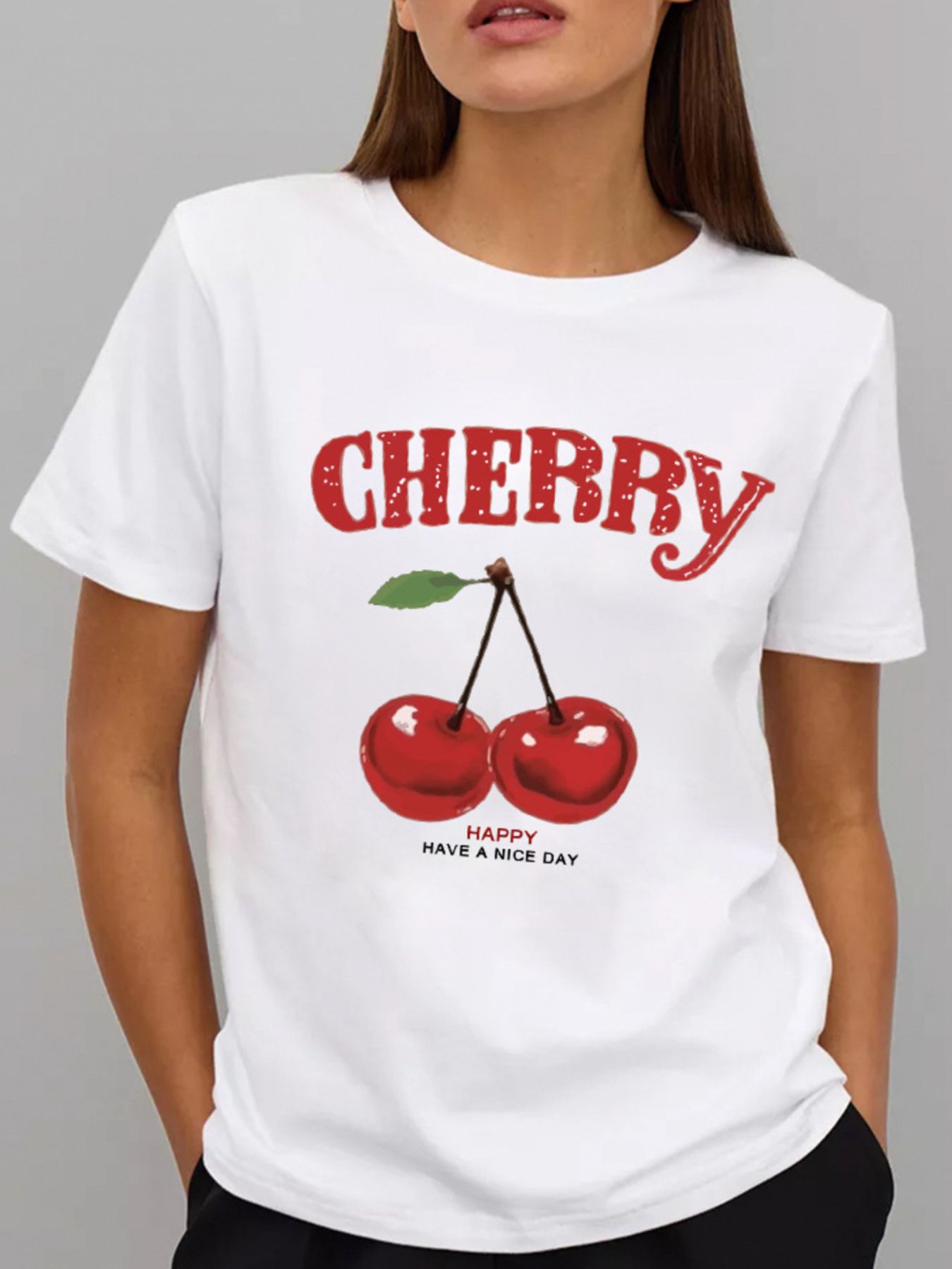 Plus Size Cherry Graphic Round Neck Short Sleeve T-Shirt