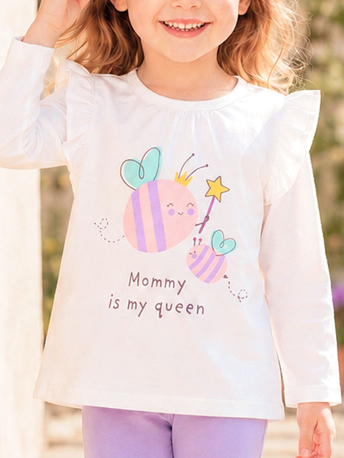 Children's Cute Bee Print Long Sleeve T-Shirt with Ruffle Details