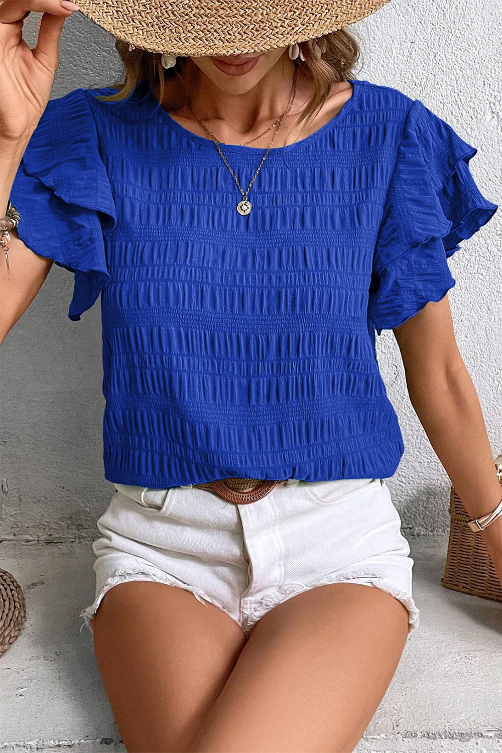 Round Neck Ruffle Sleeve Blouse