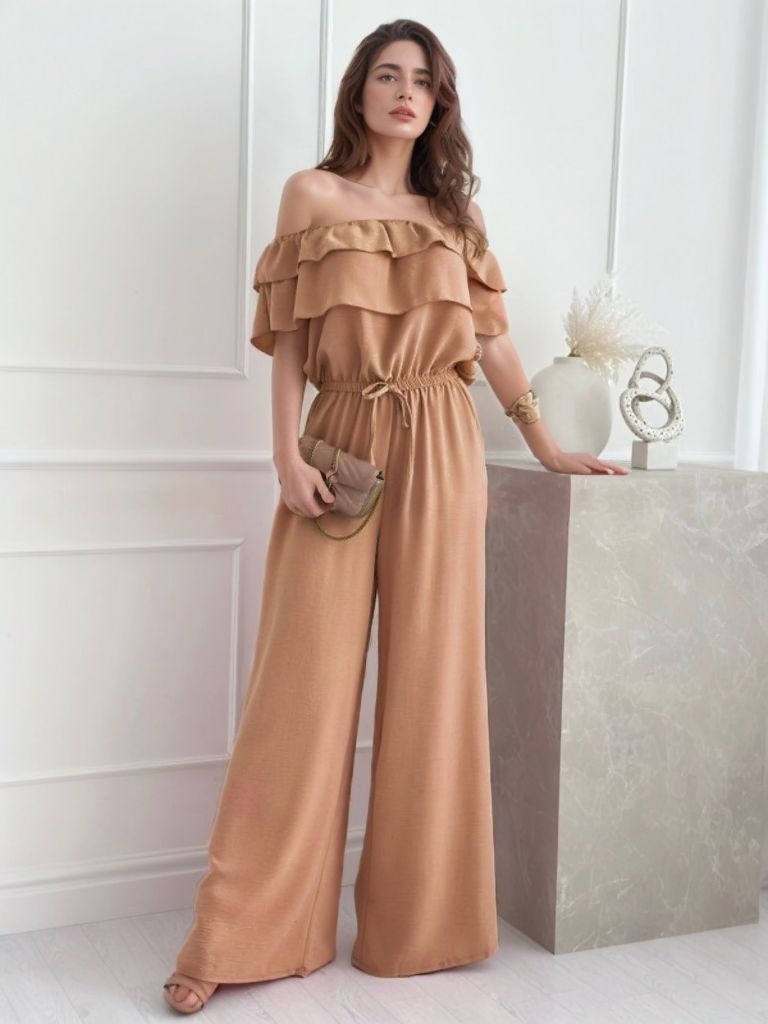 Ruffled Off-Shoulder Wide Leg Jumpsuit