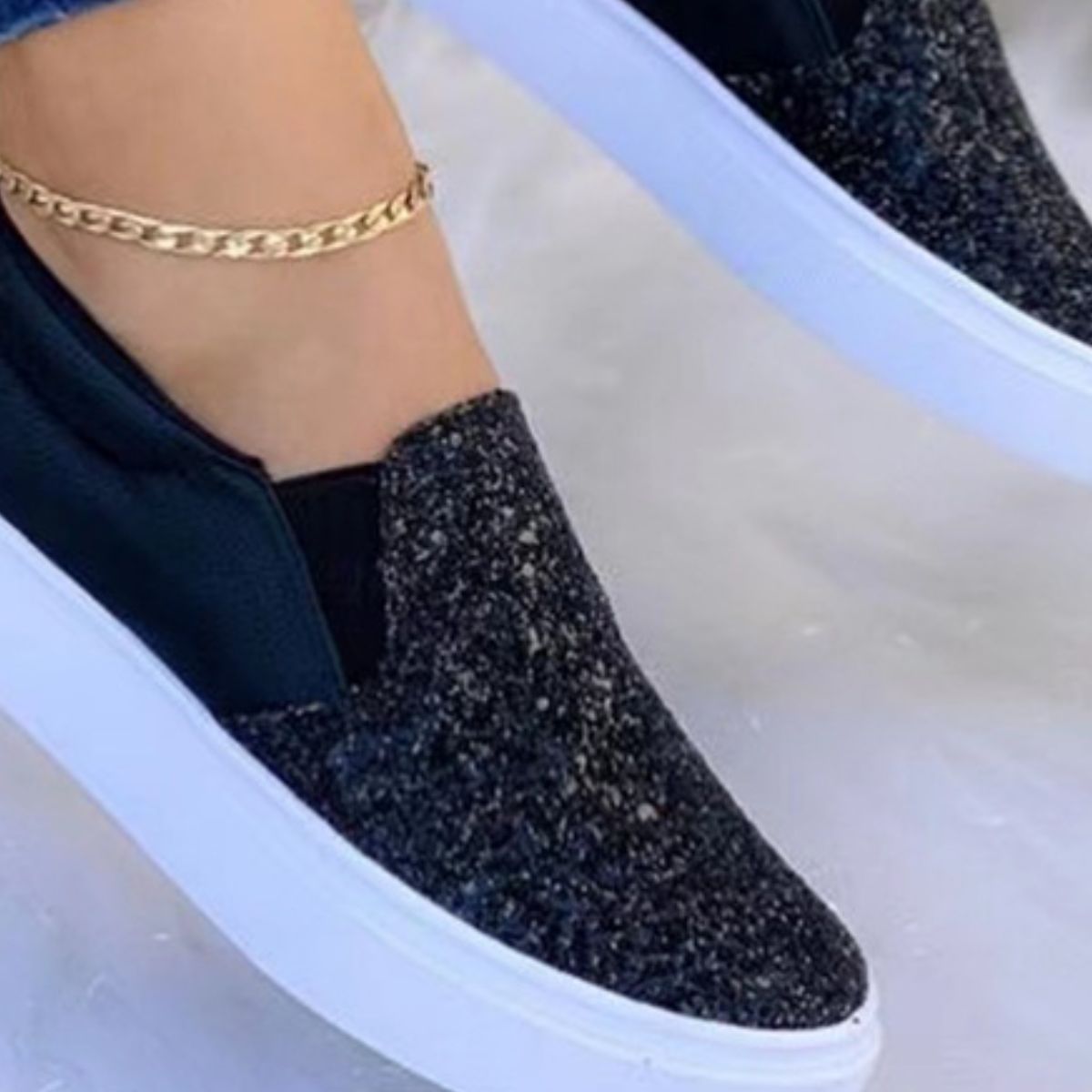 Sequin Round Toe Platform Slip-Ons