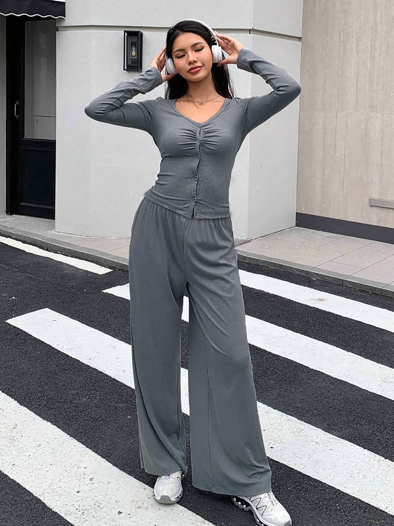 Button-Down Top & Wide Leg Pants Set