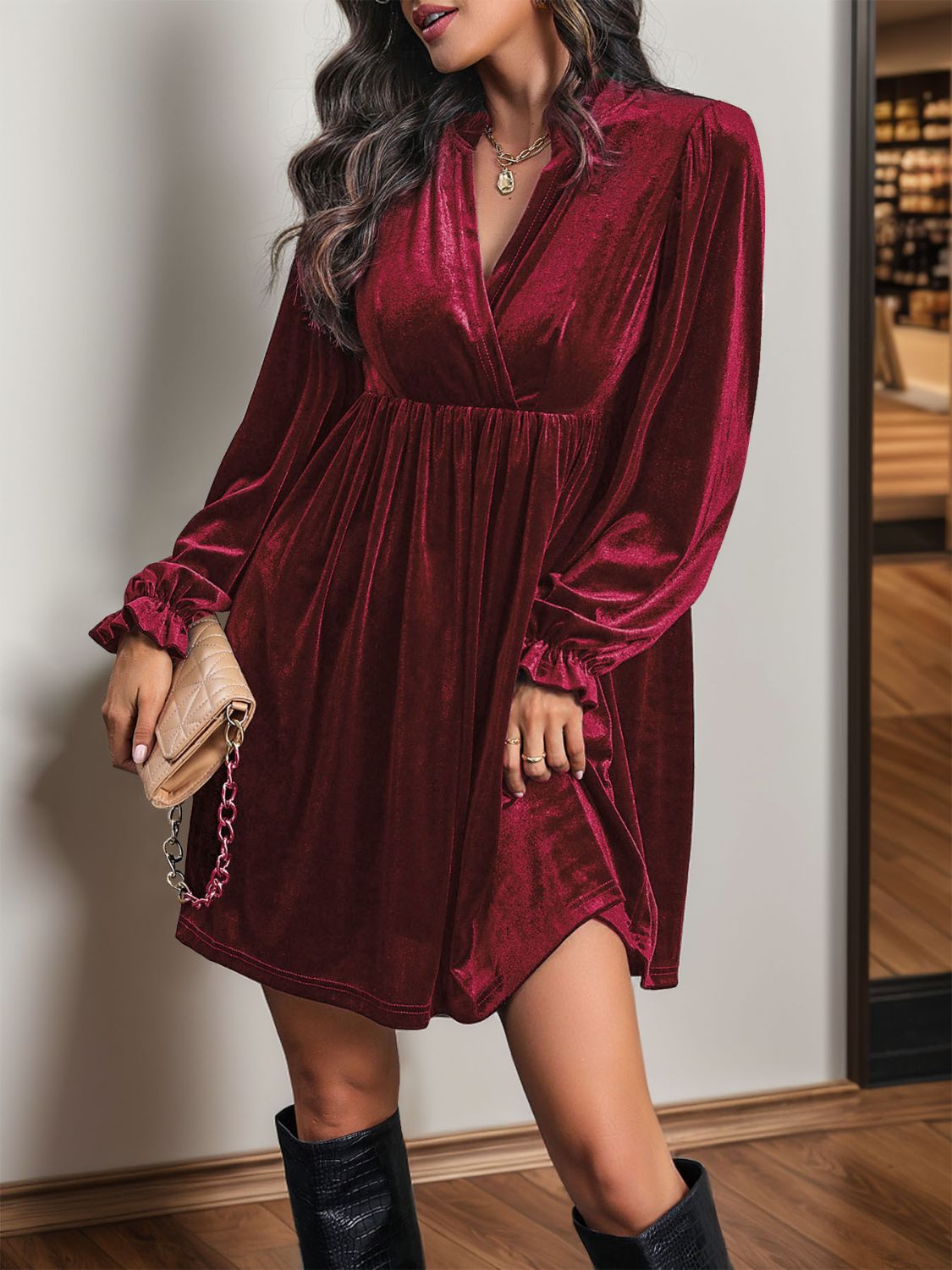 Ruched Surplice Long Sleeve Mini Dress