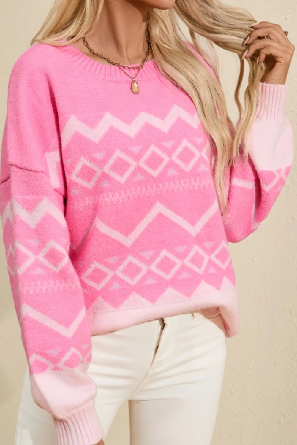 Geometric Drop Shoulder Long Sleeve Sweater - Premium