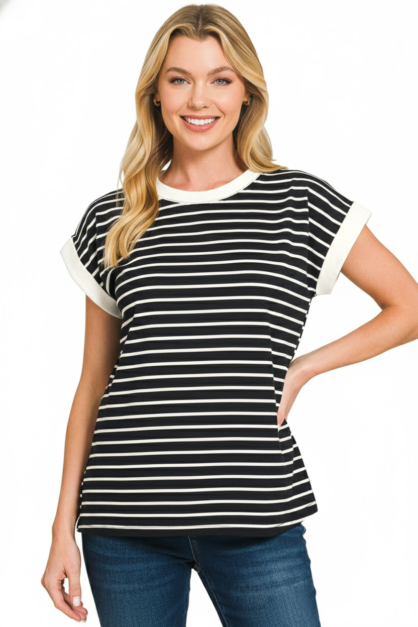 Full Size Contrast Trim Cap Sleeve Stripe Tee Plus Size