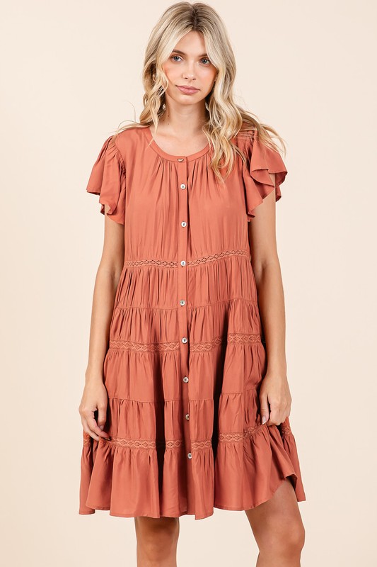 Lace Detail Ruffled Button Down Tiered Dress