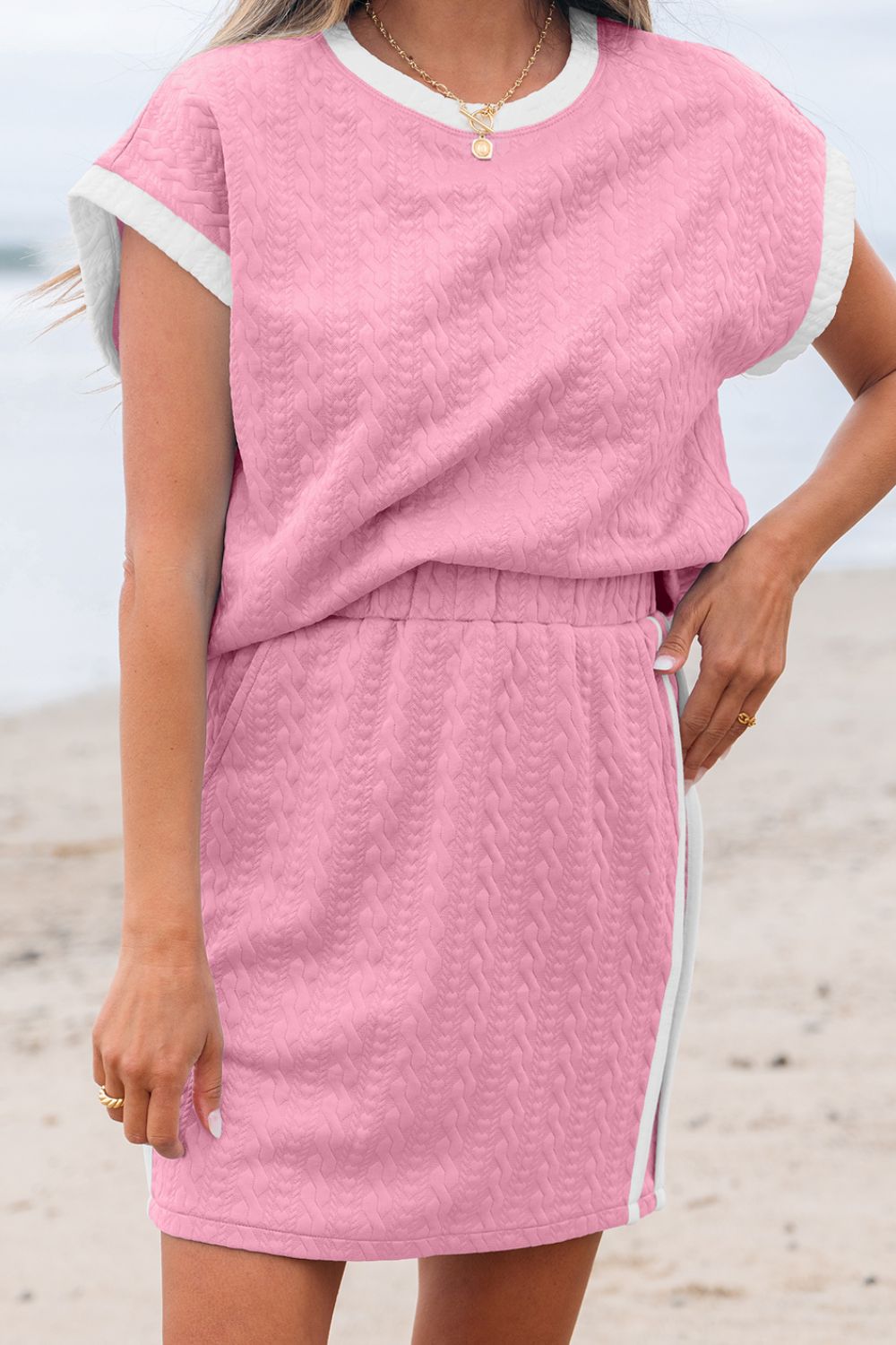 Textured Round Neck Top and Skirt Set