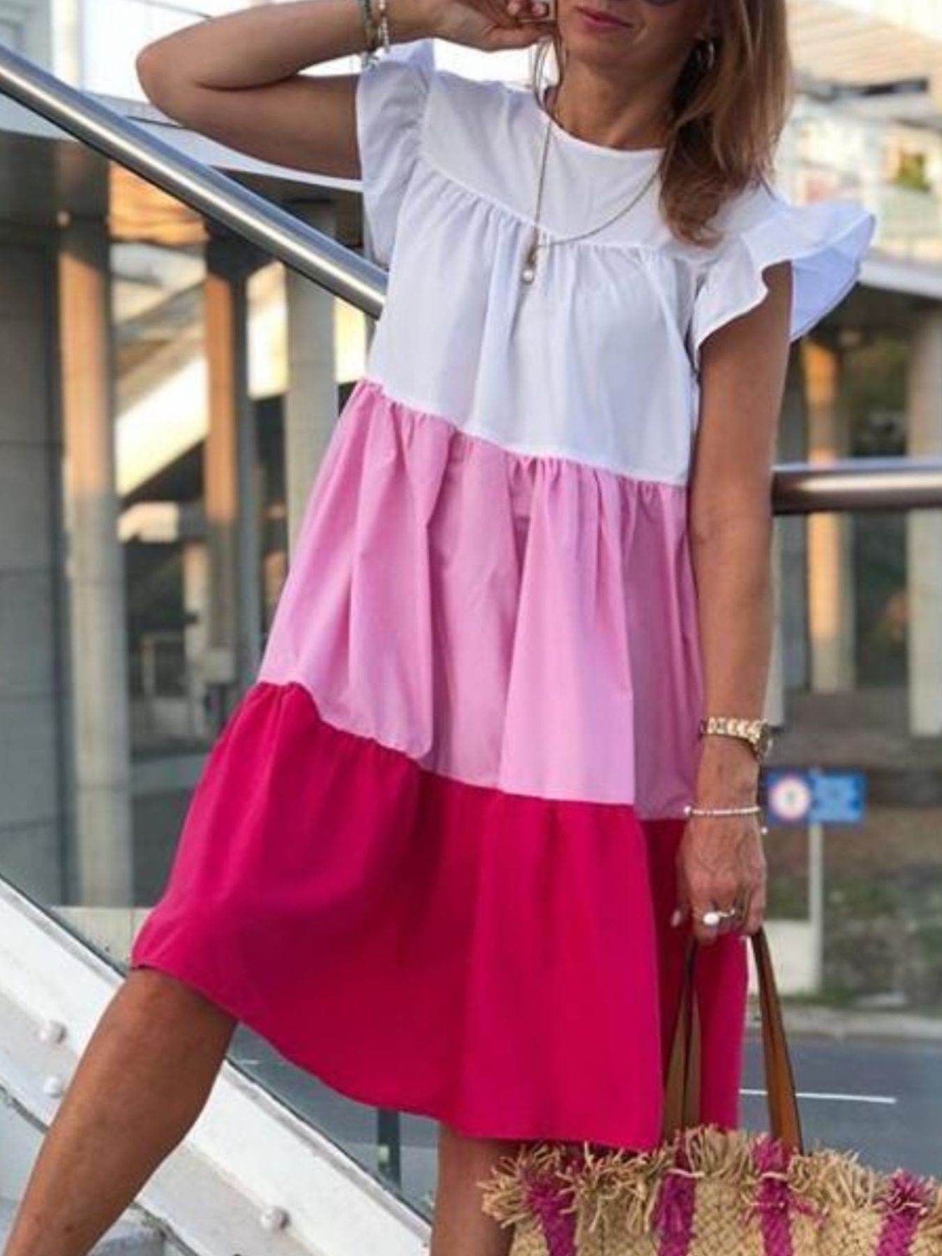 Full Size Color Block Tiered Ruffle Summer Dress Plus Size