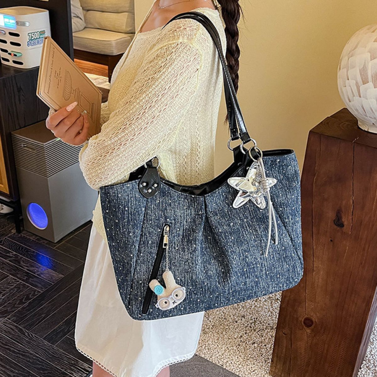 Polka Dot Denim Shoulder Bag 4