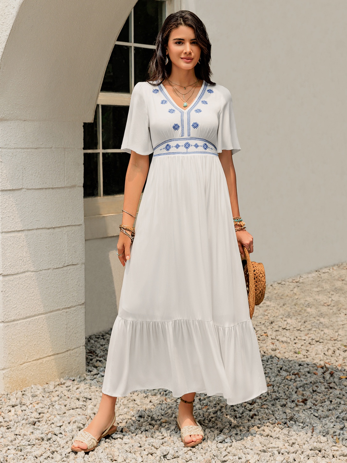 Ruffled Hem V-Neck Flutter Sleeve Dress