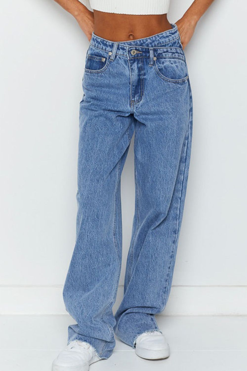 Mid Rise Asymmetrical Waist Wide Leg Jeans
