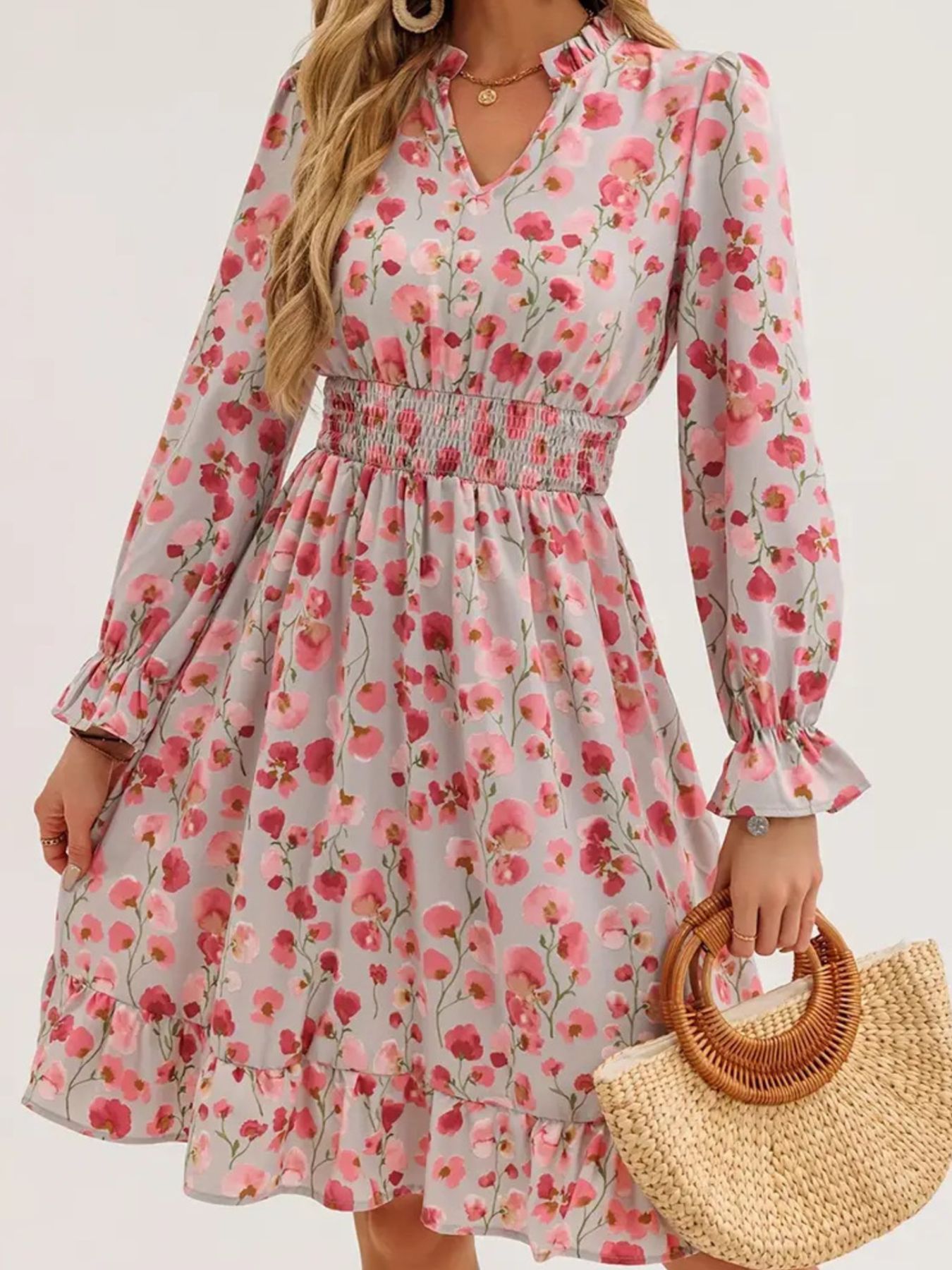 Floral Print Flounce Sleeve Ruffle Hem Dress