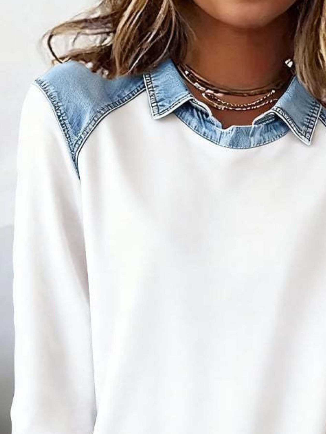 Full Size Denim Trim Long Sleeve Top Plus Size view 2