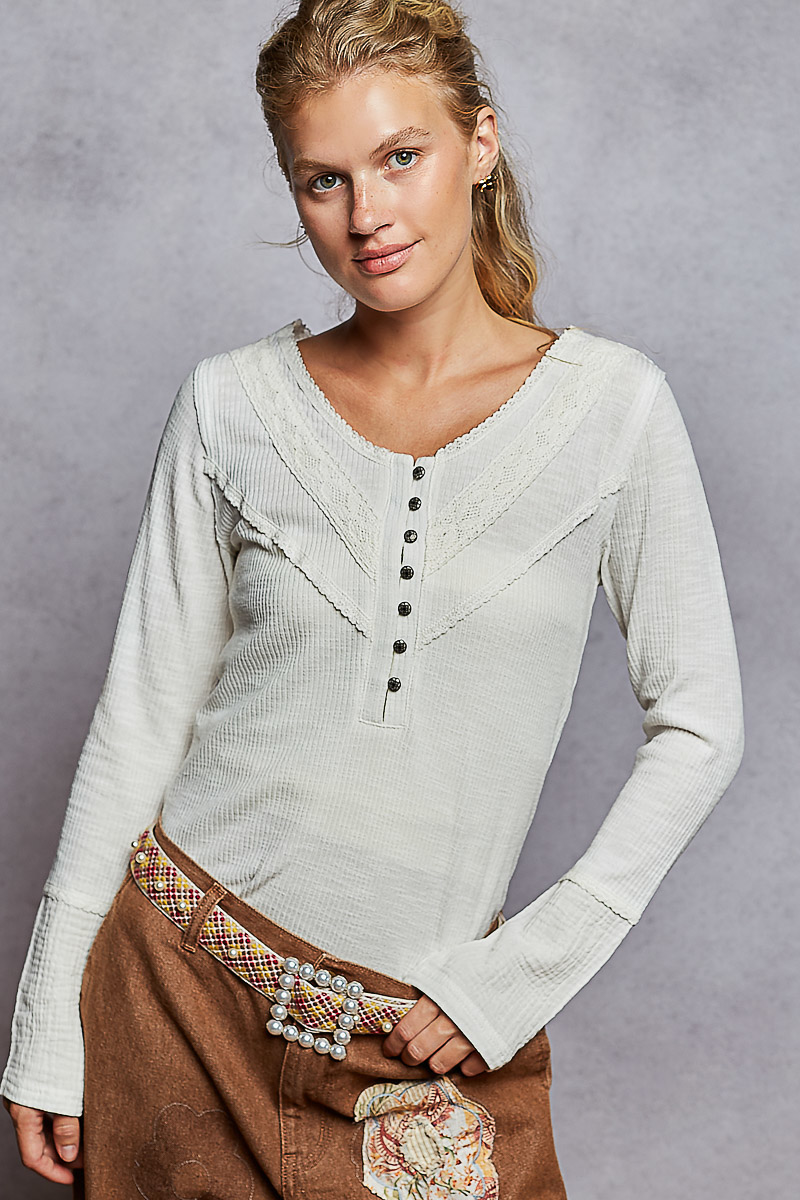 Ribbed Half Button Lace Detail Knit Top