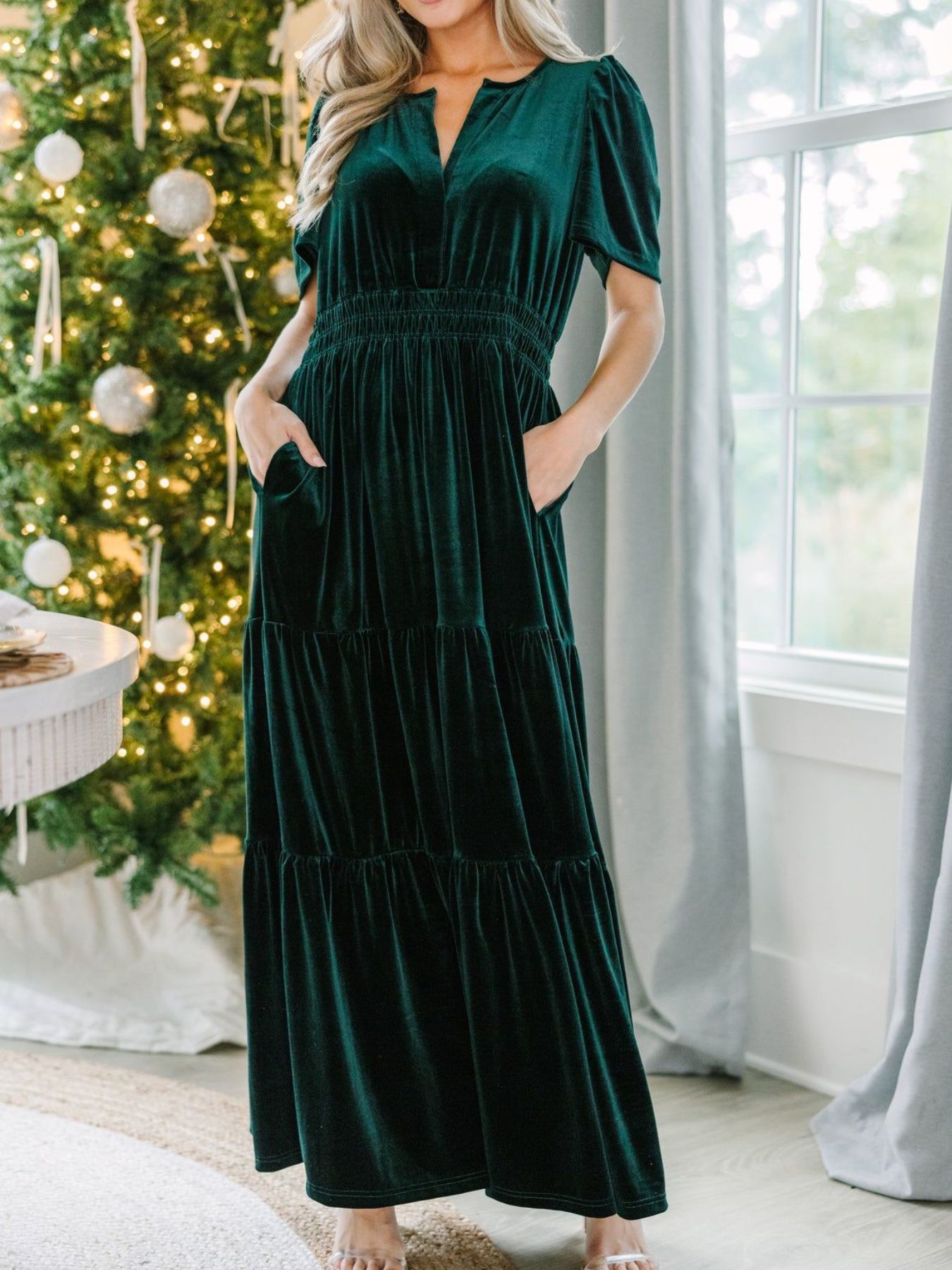 Velvet Tiered Short Sleeve Maxi Dress