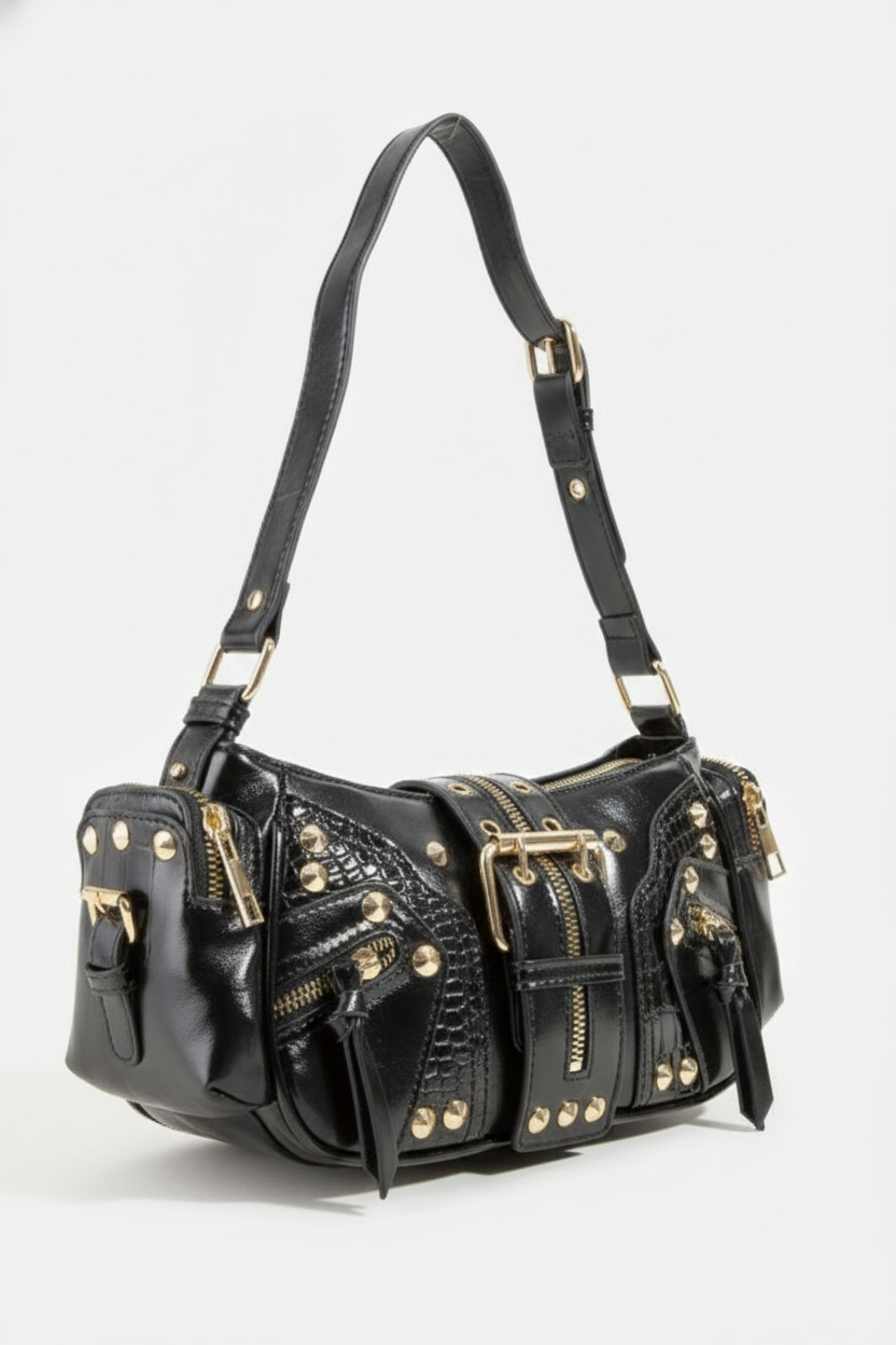 Fame Rivet Detail Leather Shoulder Bag