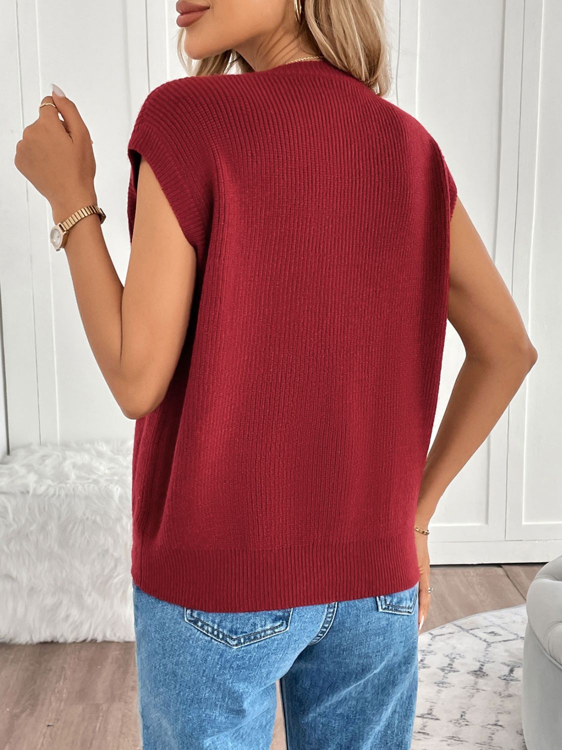 Pocketed Round Neck Cap Sleeve Cardigan