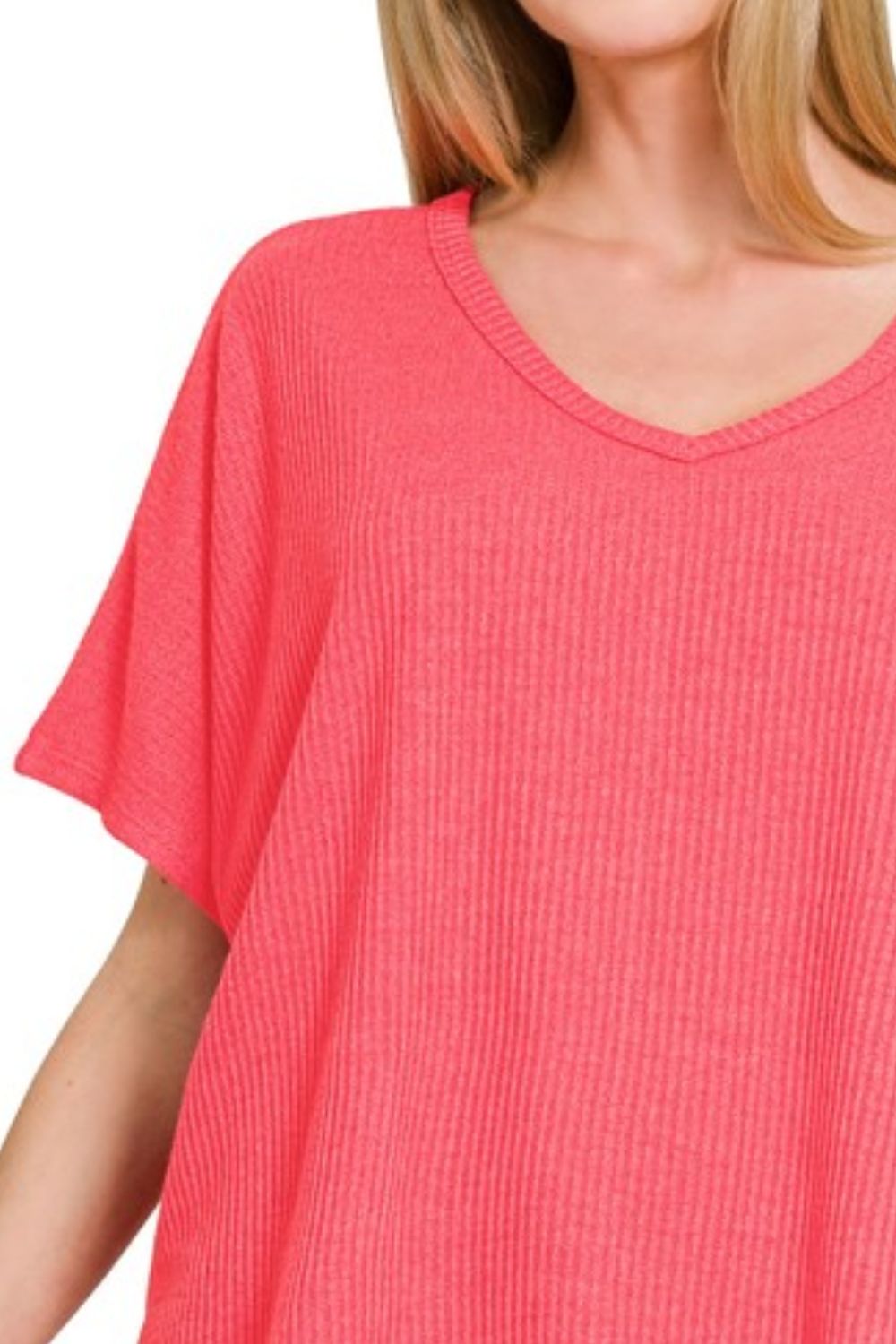 Ribbed V-Neck Short-Sleeve Knit Top