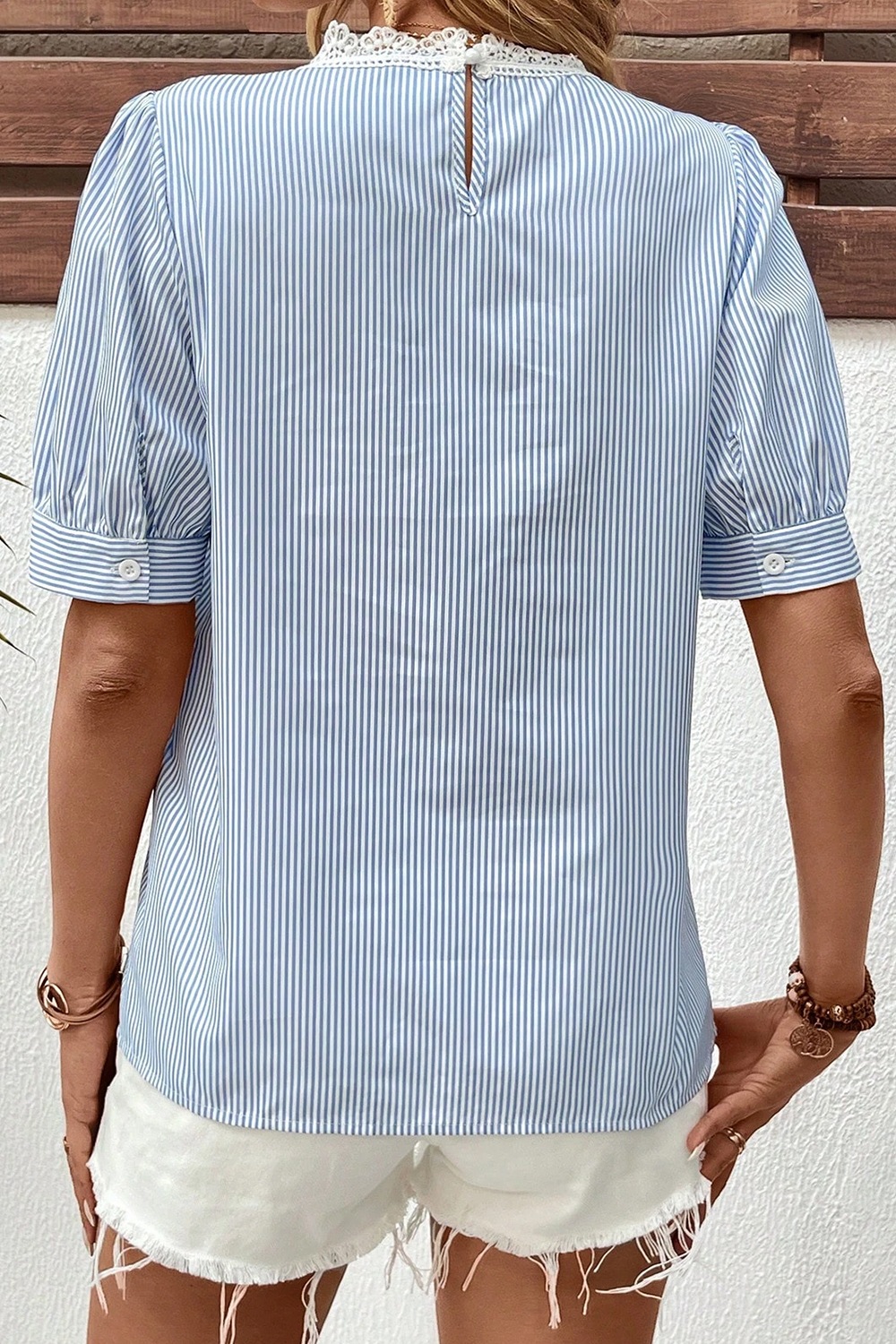 Lace Detail Striped Round Neck Half Sleeve Blouse