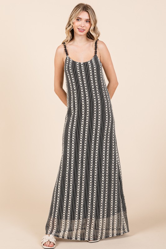Plus Size Striped Scoop Neck Beaded Strap Maxi Cami Dress