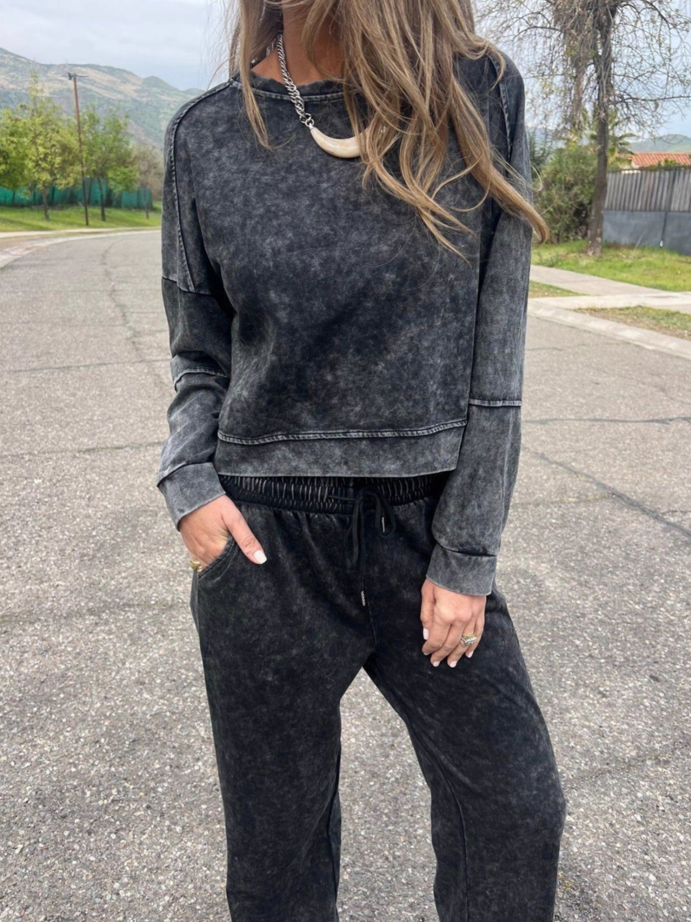 Full Size Washed Round Neck Top and Drawstring Pants Set Plus Size