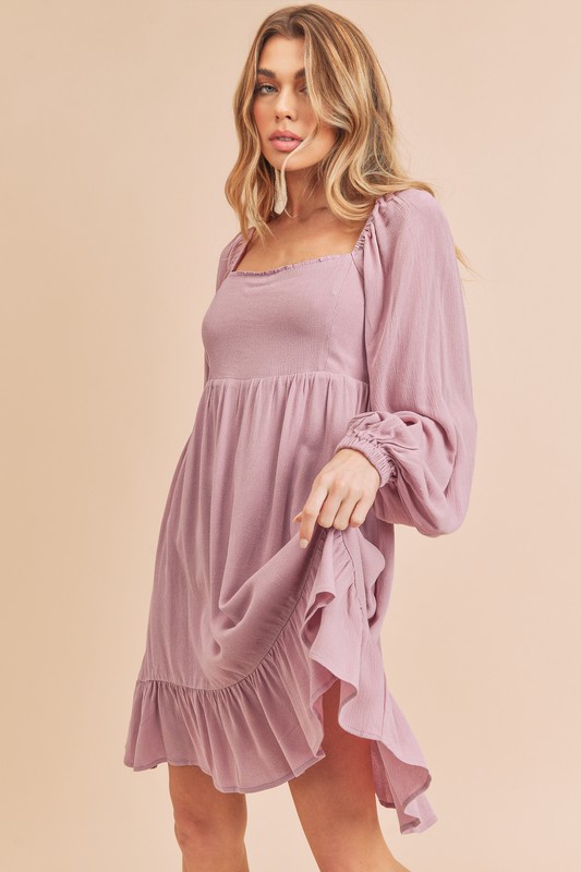 Ruffled Hem Square Neck Balloon Sleeve Mini Dress