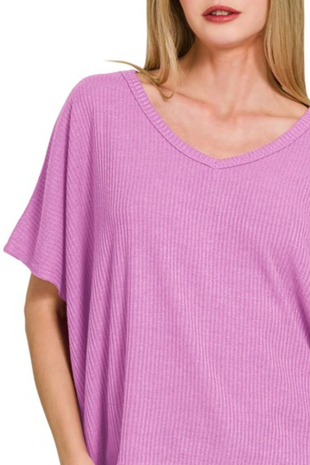 Ribbed V-Neck Short-Sleeve Knit Top